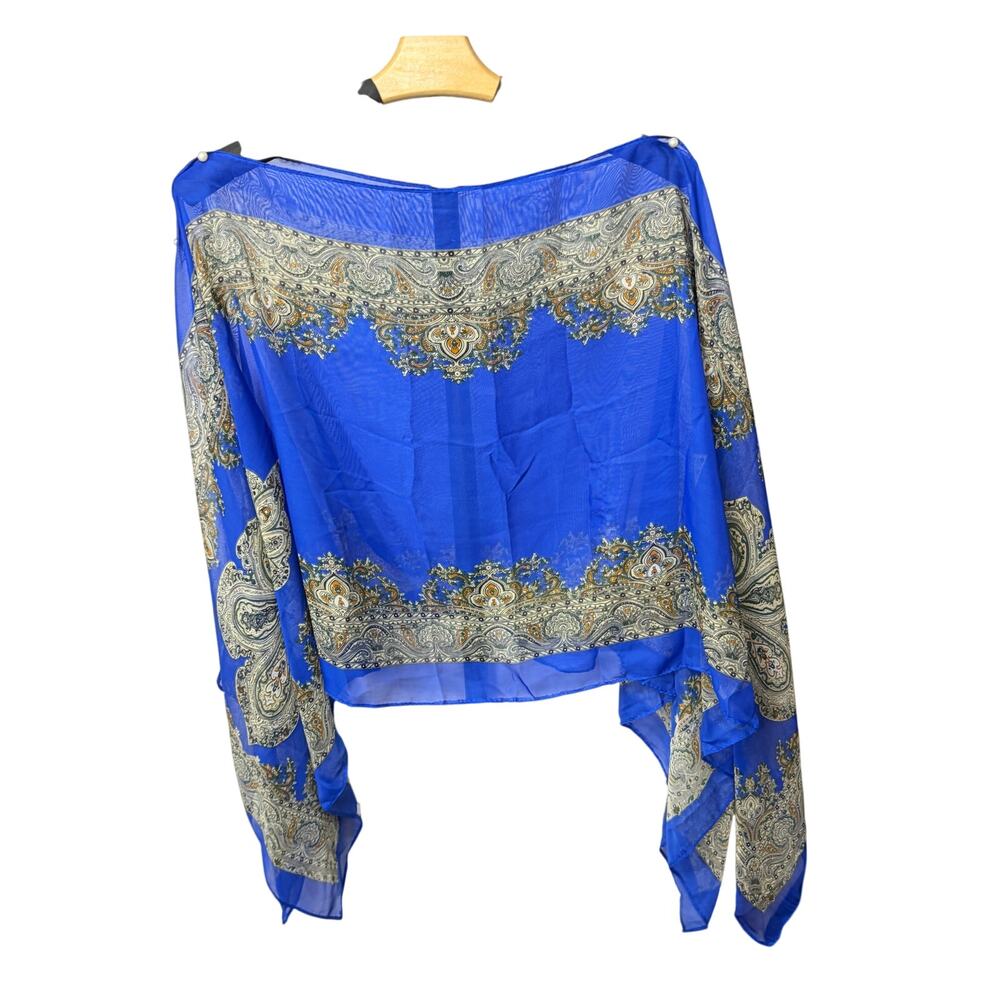 womens blue scarf cropped poncho, pearl button detail. boho, One size.